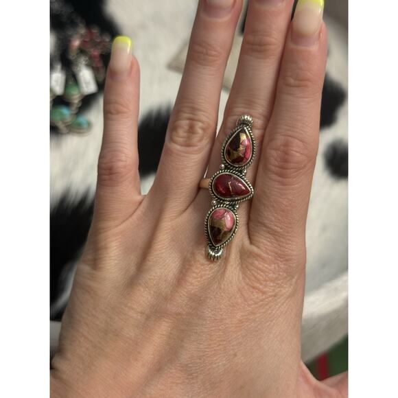Native American SW Sterling Silver Red Rose Dahlia 3 Stone Ring Size 9 - Picture 1 of 11